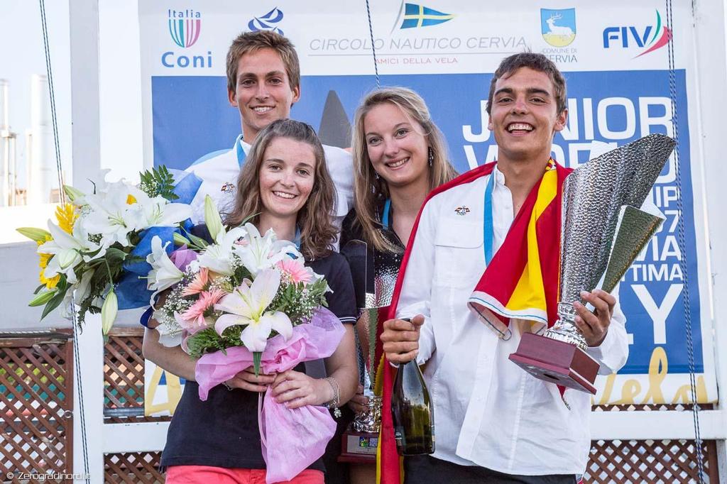 Gold Medallists - Jordi Xammar and Joan Herp (ESP-44) and Maëlenn Lemaitre and Aloïse Retornaz (FRA-39) - 2014 470 Junior World Championships © Zerogradinord.it